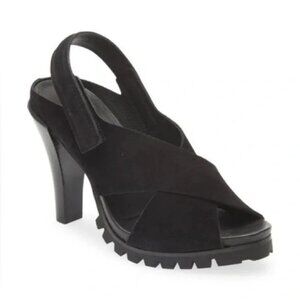 🆕 PEDRO GARCIA Yuval Slingback Peep Toe Lug Sole Heels Sandals Shoes Black 7